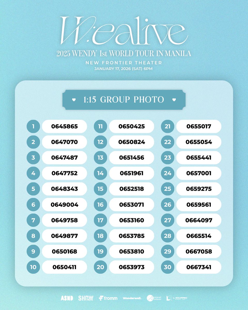 LSquaredProdPH's tweet image. 𝟐𝟎𝟐𝟓 𝐖𝐄𝐍𝐃𝐘 𝟏𝐬𝐭 𝐖𝐎𝐑𝐋𝐃 𝐓𝐎𝐔𝐑 &amp;lt;𝐖:𝐄𝐀𝐋𝐈𝐕𝐄&amp;gt; 𝐈𝐍 𝐌𝐀𝐍𝐈𝐋𝐀

A special moment awaits, Congratulations to our winners!💙

📍 New Frontier Theater | January 17, 2026
🎟 tiny.cc/WENDYINMANILA

#WENDY #웬디
#WEALIVE
#WENDY_WORLDTOUR
#LSquaredProdPH