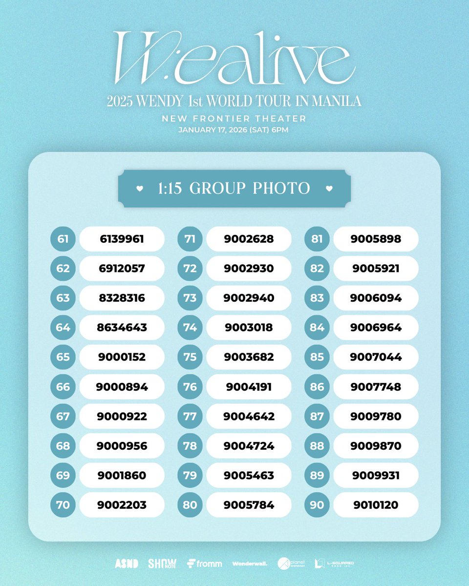 LSquaredProdPH's tweet image. 𝟐𝟎𝟐𝟓 𝐖𝐄𝐍𝐃𝐘 𝟏𝐬𝐭 𝐖𝐎𝐑𝐋𝐃 𝐓𝐎𝐔𝐑 &amp;lt;𝐖:𝐄𝐀𝐋𝐈𝐕𝐄&amp;gt; 𝐈𝐍 𝐌𝐀𝐍𝐈𝐋𝐀

A special moment awaits, Congratulations to our winners!💙

📍 New Frontier Theater | January 17, 2026
🎟 tiny.cc/WENDYINMANILA

#WENDY #웬디
#WEALIVE
#WENDY_WORLDTOUR
#LSquaredProdPH