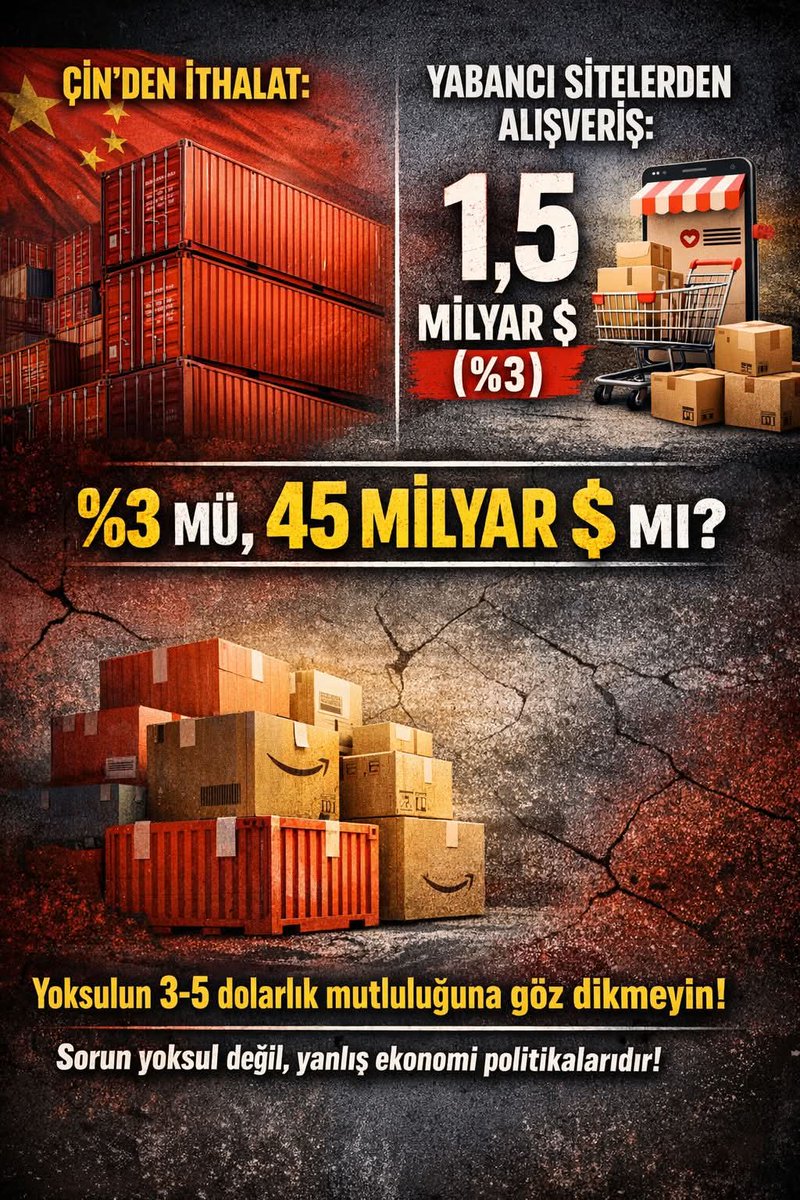 2025 yılında Çin'den yapılan ithalat 45 milyar dolar.

Yabancı alışveriş sitelerinden yapılan alışveriş 1.5 milyar dolar.

İthalatın %3'ü kadar olan bu alışverişler mi yerli üretimi engelliyor, yoksa 45 milyar dolarlık ihracat mı?

Bırakın milletin aklıyla alay etmeyi!

İktidar,