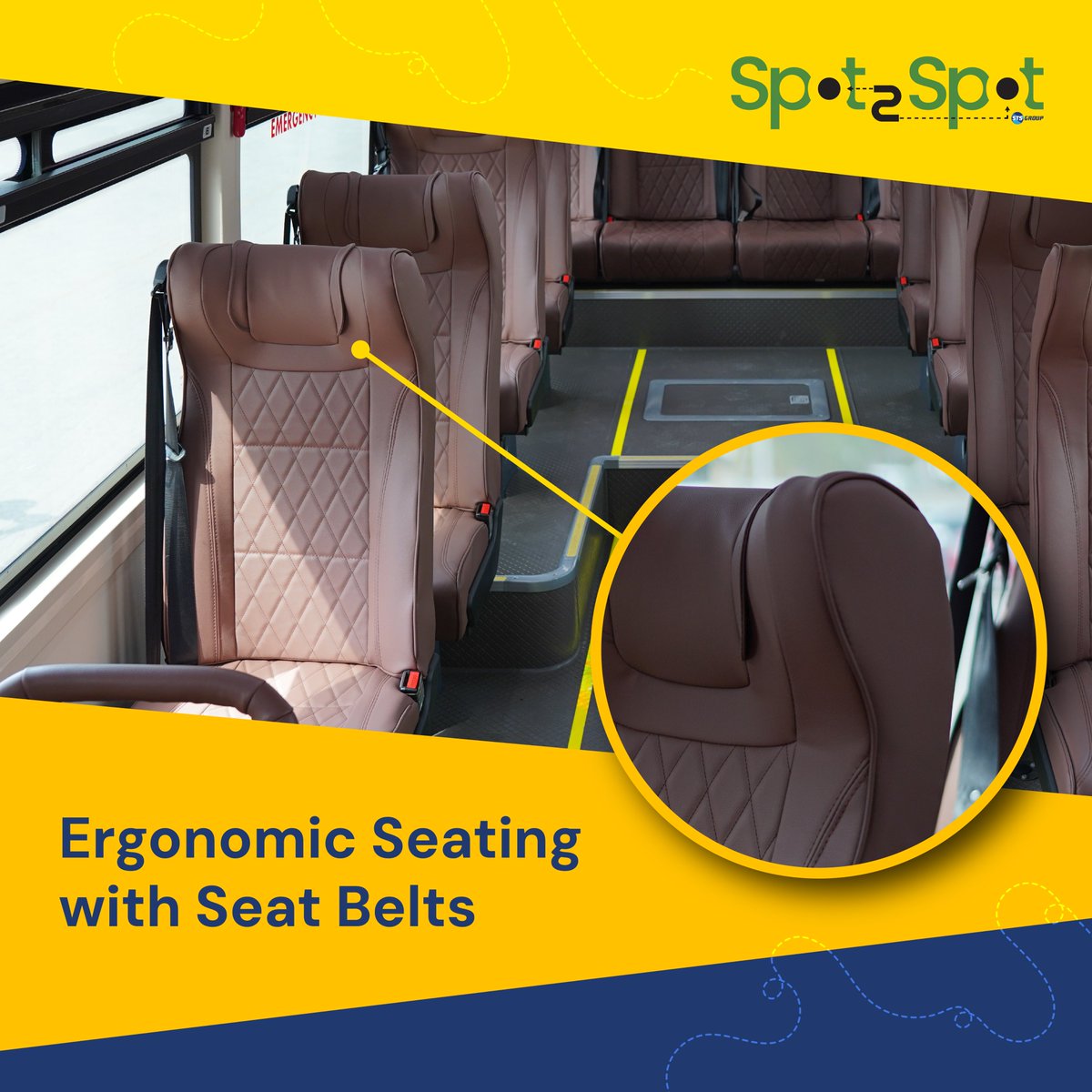 Our buses feature comfortable, ergonomic seats designed to support proper posture for students during every journey. Each seat is also equipped with a seat belt, ensuring maximum safety while traveling.

#STSGroup #Spot2Spot #EVBuses #CommunityEngagement #SafeTimelySmart

تتميّز