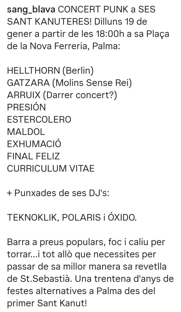 Ens en anem a Palma de Mallorca. Dilluns 19 de gener a les Festes alternatives de Palma de Mallorca. Ses Sant Kanuteres 2026