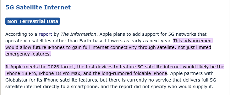Defiantclient2's tweet image. $ASTS $AAPL: There is only one satellite operator with plans to provide "full 5G satellite internet directly to smartphones" in 2026 and 2027: @AST_SpaceMobile 

According to a report by The Information, Apple plans to add support for 5G networks that operate via satellites…