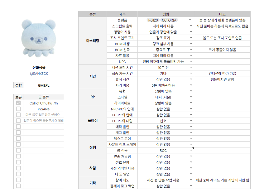 SANXECK's tweet photo. #배포 #TRPG #ORPG

주변인들의 요청으로 TRPG 성향표 시트를 배포합니다. 구성은 첨부한 이미지와 같습니다. 
자세한 내용(사용법, 주의사항 등)은 링크를 확인해주세요. ♪(^∇^*)

https://t.co/Te7wKUdMsQ https://t.co/Q94AjjLPwl