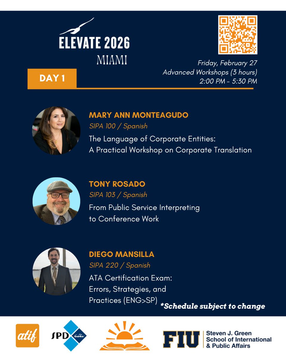 ATASpanishDiv's tweet photo. Advanced Workshops | Elévate 2026

📅 Fri, Feb 27 | Miami (FIU)

✔️ Corporate Translation
✔️ Public Service → Conference Interpreting
✔️ ATA Exam Prep
✔️ Student Workshop

🔗 https://t.co/ONZAMFO0v6

#Elevate2026 #fiu_modlang https://t.co/luaSZ1PFB7
