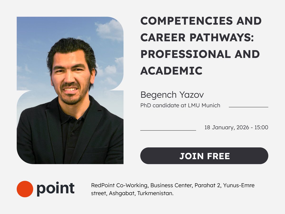 bgyazov's tweet image. 18-nji ýanwarda (ýekşenbe) webinara gatnaşaryn. tema esasan başarnyklar, täze iş orunlary we karýera (professional &amp;amp; akademiki) barada bolar.

dil: türkmençe
moderator: @batyr_berdiyev
ýer: redpoint

registrasiýa: pointtm.com/events 
gel, gatnaş, paýlaş!

görüşýänçäk! 👋✨