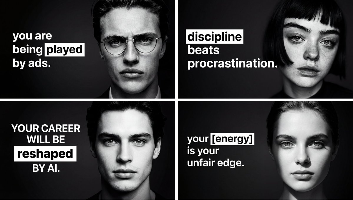 VigoCreativeAI's tweet image. 最近 Dan Koe 的内容爆火 🔥

他的 YouTube 缩略图设计太绝了

我花了一晚上拆解他的视觉公式，逆向成了 AI Prompt

效果👇（图1-4全是AI生成）

✅ 30秒出图
✅ 无需PS
✅ 无需设计师

想要完整 Prompt？
💬 评论"PROMPT"我发你
或点赞+评论自取👇

#DanKoe #AIDesign #ContentCreator…