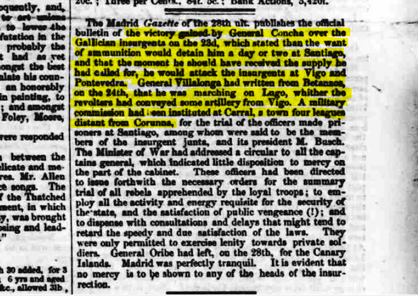 Irlanda entrava na gram fame por mor da peste da pataca de 1845 e em Dublim seguiam de perto os acontecimentos da Revoluçom Galega de 1846. Velaí em Saunder's News Letters de 8 de Maio desse ano.