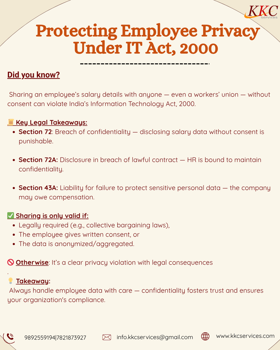 KKC_Services's tweet photo. The IT Act, 2000 protects employee data and digital information from misuse.
 ✅ Employers must safeguard personal &amp; financial info
 ✅ Consent &amp; confidentiality are key
 💡 Secure data = Secure trust. 💻 https://t.co/sYWhISwSZH