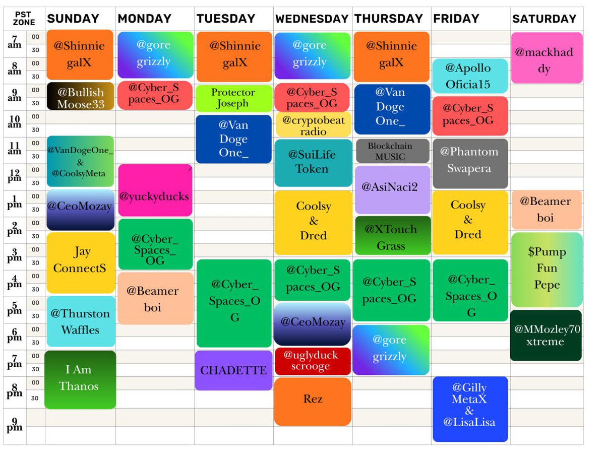 <a href="/RoundtableSpace/">0xMarioNawfal</a> GM! Go See for yourself 

24/7 spaces continuous. Here’s our schedule weekly. Music plays during off peak hours <a href="/Spaces_MediaLLC/">Spaces.Media</a>