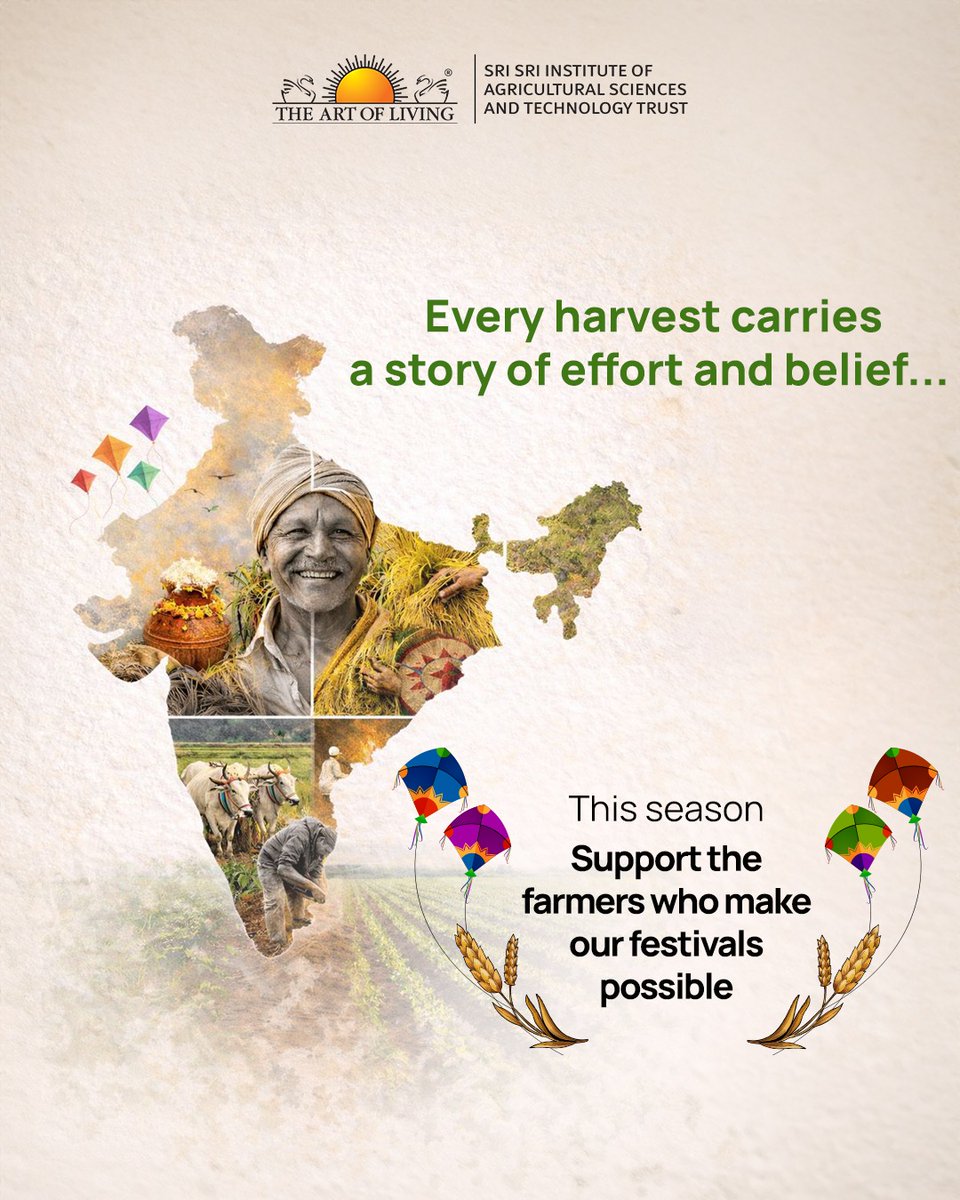 Harvest festivals remind us of the deep bond between land, seasons &amp; the farmers who nurture it every year🌾
This Makar Sankranti, let’s pause in gratitude &amp; support those behind every harvest.   

Know more: ssiast.artofliving.org 

#MakarSankranti #FarmersOfIndia #ArtOfLiving