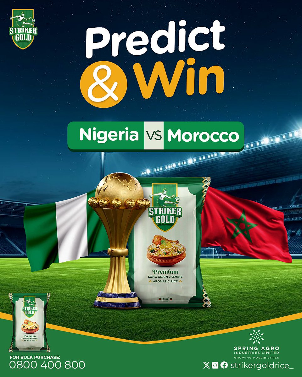 strikergold_gh's tweet image. Predict the Score, Follow Us, Like, Tag 3 Friends &amp;amp; First 5 People To Get The Right Score Win🏆 A Bag Of Striker Gold Rice.

Meals prepared with Striker Gold Rice are rich, healthy and tasty. Grab yours now.

#cheapestrice #PremiumRice #best_rice_near_me #afcon2025 #GhanaRice
