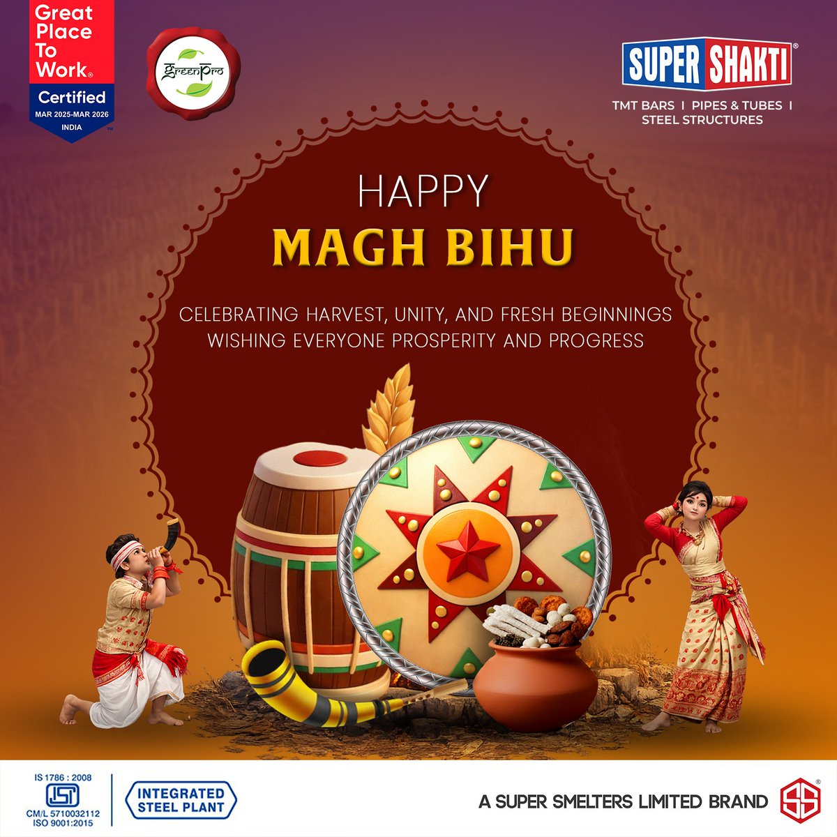 As we celebrate the harvest and the spirit of togetherness,
may Magh Bihu bring prosperity, progress, and joy to all.
Happy Magh Bihu.
#Bihu #maghbihu2026 #BhogaliBihu #Steel #TMTBars #TMT #HarvestingSeason #Festival #SuperShakti #SuperSmelters #Seasonofharvest #togetherness