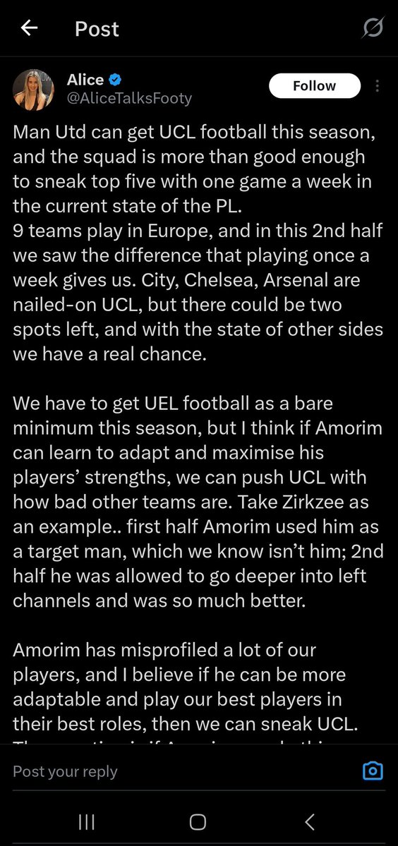 commissionase's tweet image. This you, Alice?? The squad is good enough to finish 5th/6th this season but Amorim has clearly misprofiled them? Why don't you want to maintain a similar Stand now about the squad being good enough?

You're a serious hypocrite is all I'm saying. Always maintain a stand.