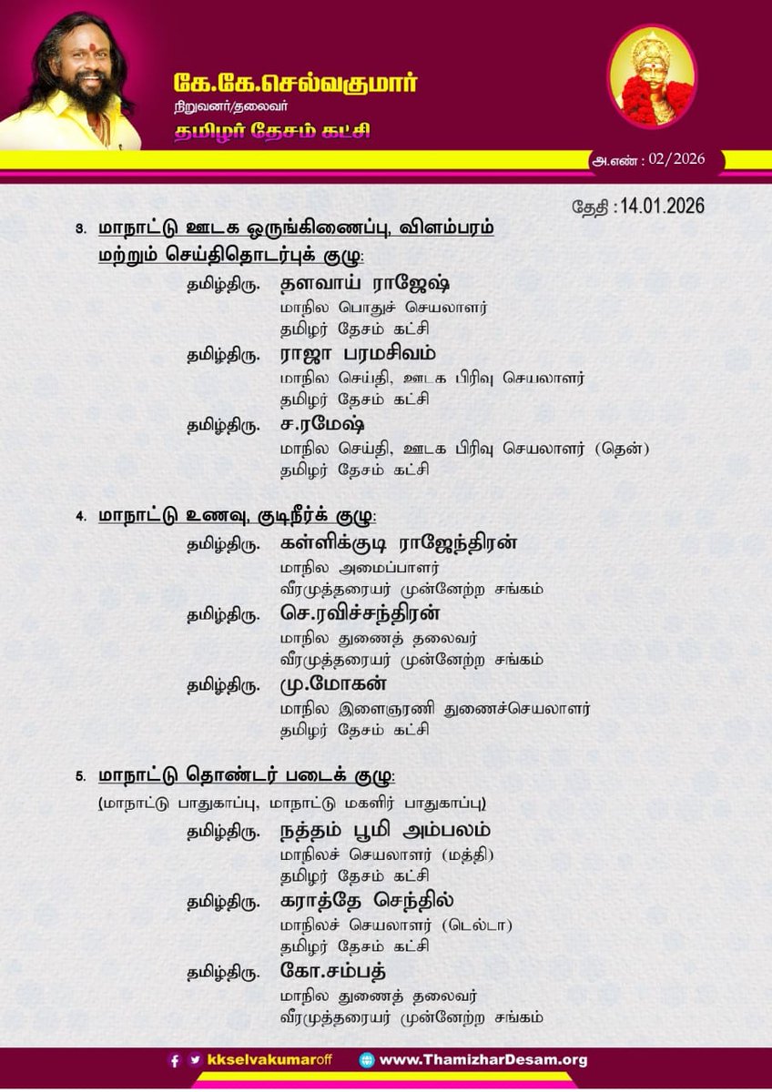 KKSelvakumaroff's tweet photo. பேரன்புடையீர்! வணக்கம்!
தமிழர் தேசம் கட்சி மற்றும் வீரமுத்தரையர் முன்னேற்ற சங்க "முத்தரையர்களின் அரசியல் அதிகாரமீட்பு மாநாடு" எதிர்வரும் 25.01.2026 தேதியன்று திருச்சி-திண்டுக்கல் தேசிய நெடுஞ்சாலையில் உள்ள ஆலம்பட்டிபுதூரில் நடைபெறுவதையொட்டி மாநாட்டுப்பணிகளை திறம்பட முன்னெடுப்பதற்கு ஏதுவாக பின்வருமாறு குழுக்கள் அமைத்து ஒருங்கிணைப்பாளர்கள் நியமிக்கப்படுகிறார்கள்.

குழுக்களின் ஒருங்கிணைப்பாளர்கள் அனைவரும் குழு உறுப்பினர்களைத் தேர்வுசெய்து திட்டமிட்டுக்கொண்டு தங்களுக்கு ஒதுக்கப்பட்டுள்ள பணிகளை உடனடியாக மேற்கொள்ளும்படி கேட்டுக்கொள்கிறேன். கட்சியினர் முழு ஒத்துழைப்பு நல்கிட வேண்டுமென கேட்டுக்கொள்கிறேன்!