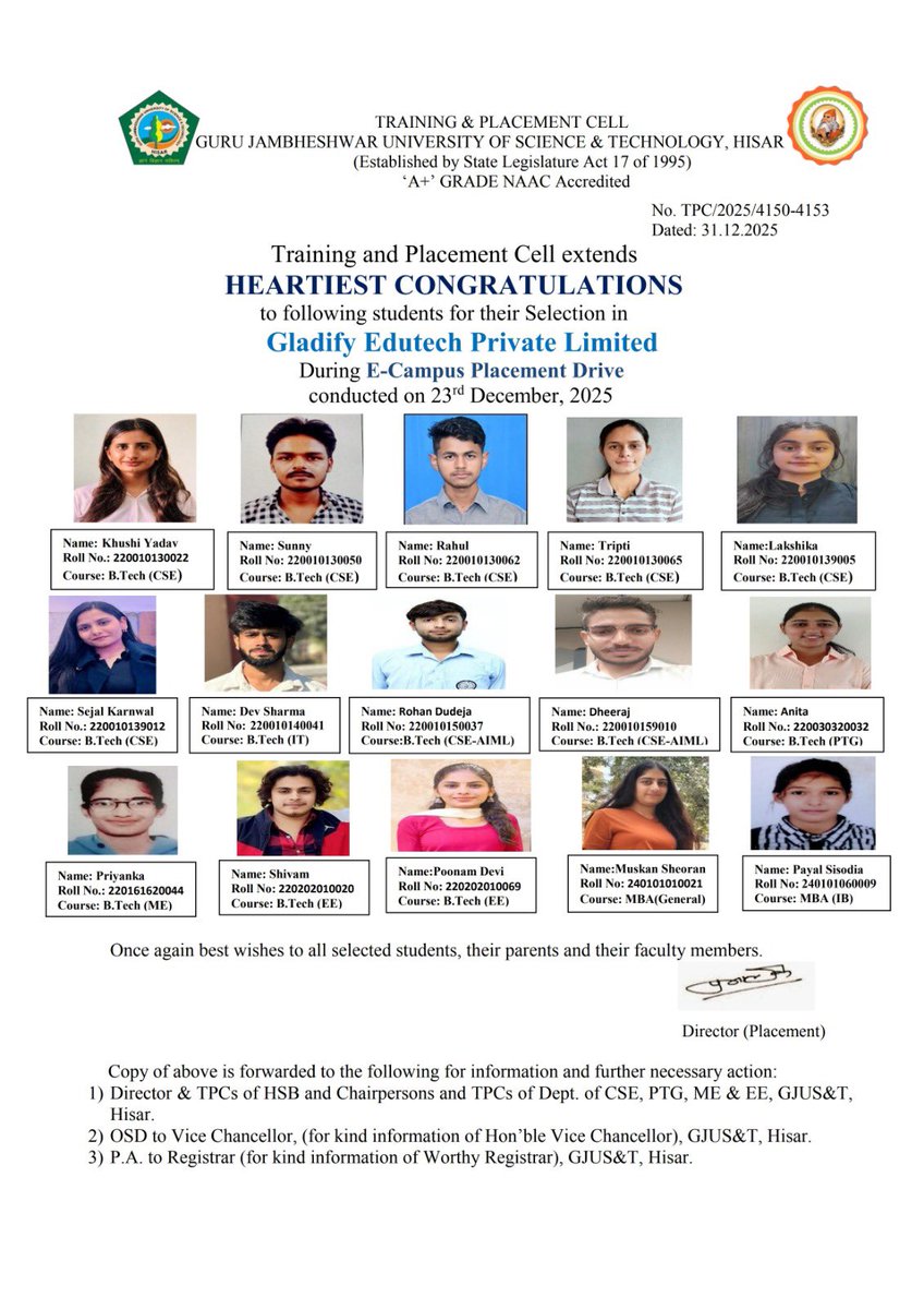 tpgjust's tweet photo. Proud moment for GJUST, Hisar! 🎓✨
15 students from https://t.co/4FSy5E3GXa (CSE, IT, AIML, PTG, ME, EE) &amp; MBA have been placed with Gladify Edutech Pvt. Ltd. during the e-campus drive. 🚀
Congratulations to all the selected students for this brilliant achievement! 👏
#GJUST https://t.co/5vGHDF3TGn