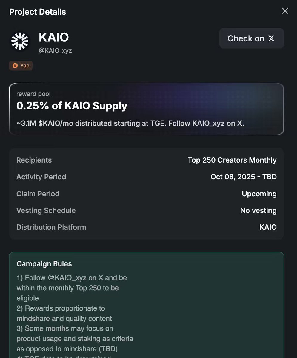 KAIO 对分销的思路，其实在这里已经很清晰了。 这并不是一次简单的营销支出， 而是把所有权交到那些真正推动RWA 叙事和生态扩展的人手里。 从TGE