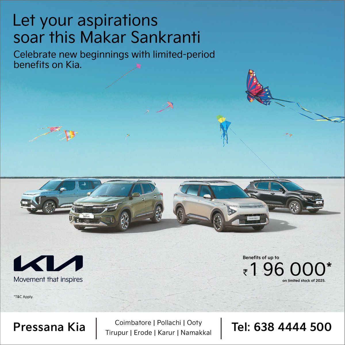 pressanakia's tweet photo. Let new beginnings take flight this Makar Sankranti 🪁
Celebrate the season of aspirations with exciting limited-period benefits on Kia.
Visit Pressana Kia and drive home prosperity. 

#MakarSankranti #NewBeginnings #LetYourAspirationsSoar #KiaIndia
#PressanaKia https://t.co/4ItZdxJnmC