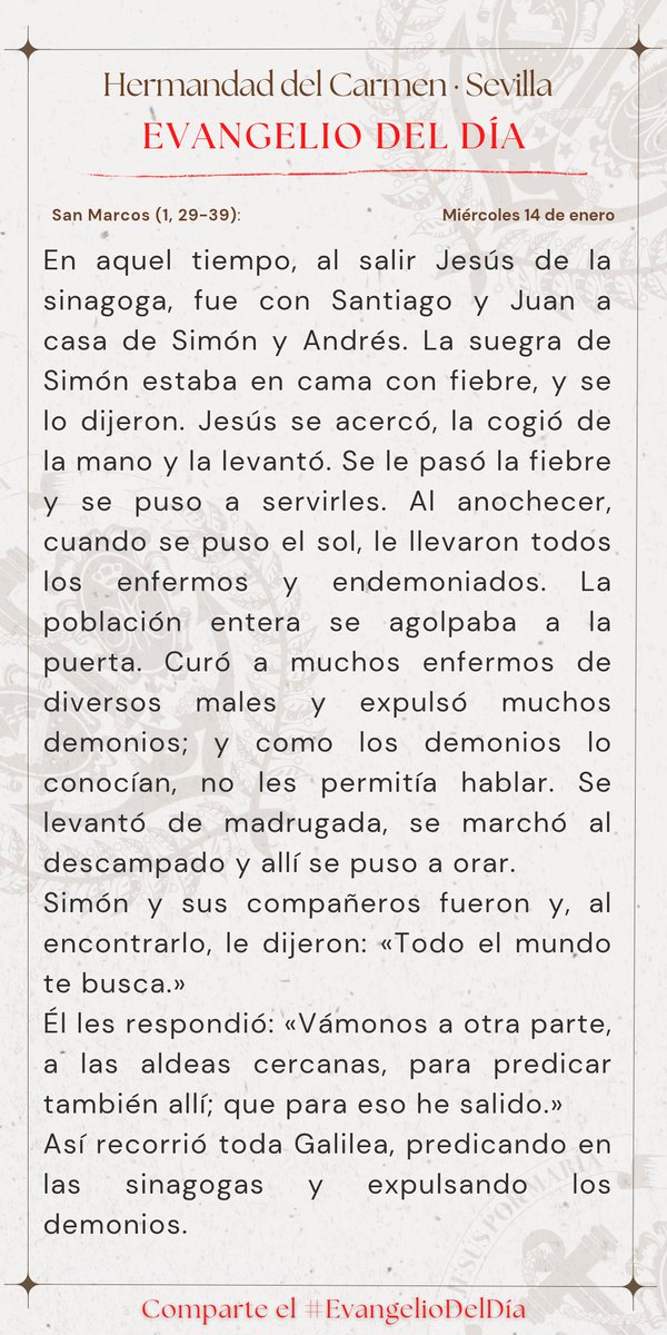 #EvangelioDelDía | 📖 San Marcos (1, 29-39): Gloria a ti, Señor Jesús.