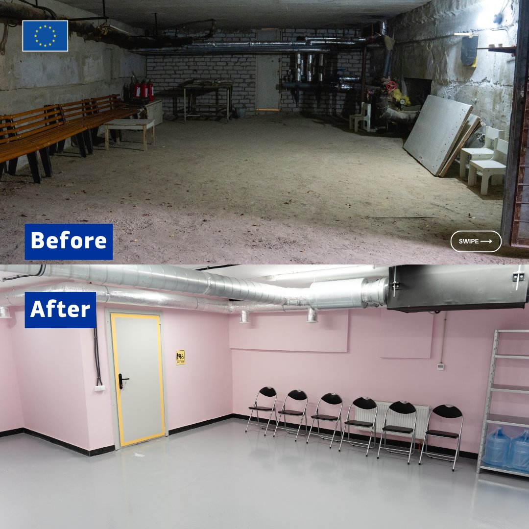 echo_Europe's tweet photo. Look at this Before &amp; After!

Backed by the EU, @UNOPS_UEE repaired a kindergarten and created an underground shelter in Kharkiv Oblast, bringing 153 children one step closer to classroom learning. https://t.co/MGxx5K7qFW