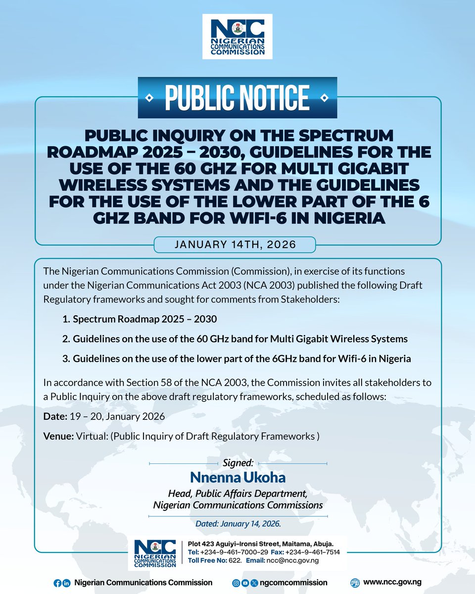 Public Inquiry on the Spectrum Roadmap 2025 – 2030, Guidelines for 
the Use of the 60 GHz For Multi Gigabit Wireless Systems and the 
Guidelines for the Use of the Lower Part of the 6 GHz Band for 
Wifi-6 in Nigeria