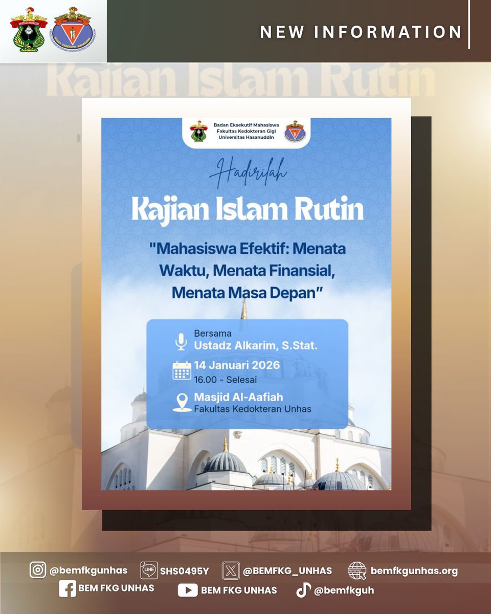 Dengan mengharap ridho Allah Azza wa Jalla,
BEM FKG UH mengajak teman-teman untk hadir dalam kegiatan:

📖 Kajian Islam Rutin
✨ “Mahasiswa Efektif: Menata Waktu, Menata Finansial, Menata Masa Depan”

Mari hadir, perbaiki diri, dan siapkan masa depan yang lebih terarah dan berkah
