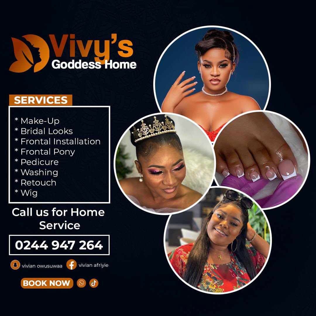 Everything concerning beauty, elegance and classy look no further Vivy’s Goddess Home Service is here……. For your makeup, wigs and styling, nails 💅 fixing and many more for the people around Kumasi contact the number on flyer and thank me later <a href="/SMSpaceTalkShow/">SHATTAWALE GLOBAL</a> <a href="/SMBattaliions/">SHATTABA ROCKCITY #SAFA</a>