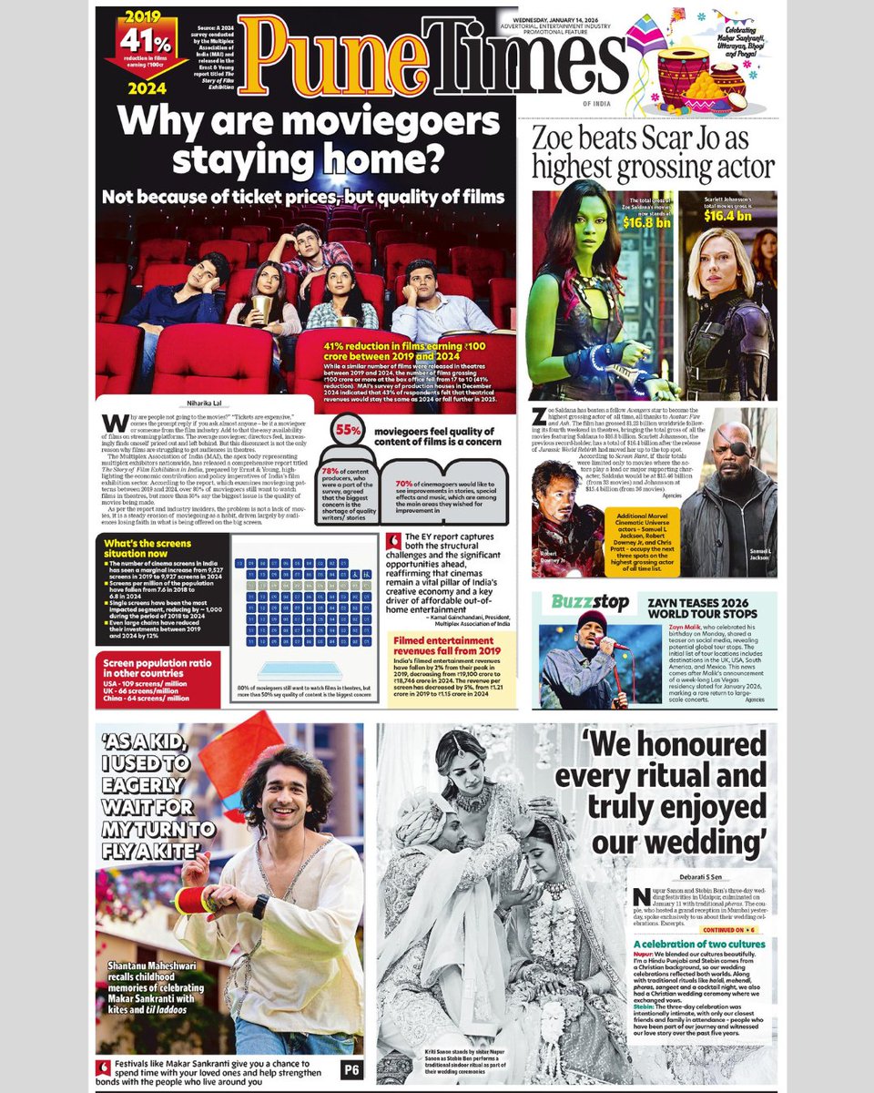 PuneTimesOnline's tweet image. Today's P1:

#ZoeSaldana becomes the highest grossing actor, #NupurSanon and #StebinBen on getting married, #ShantanuMaheshwari's love for Makar Sankranti, and more...

#MakarSankranti #Bollywood #ZaynMalik #PuneTimes