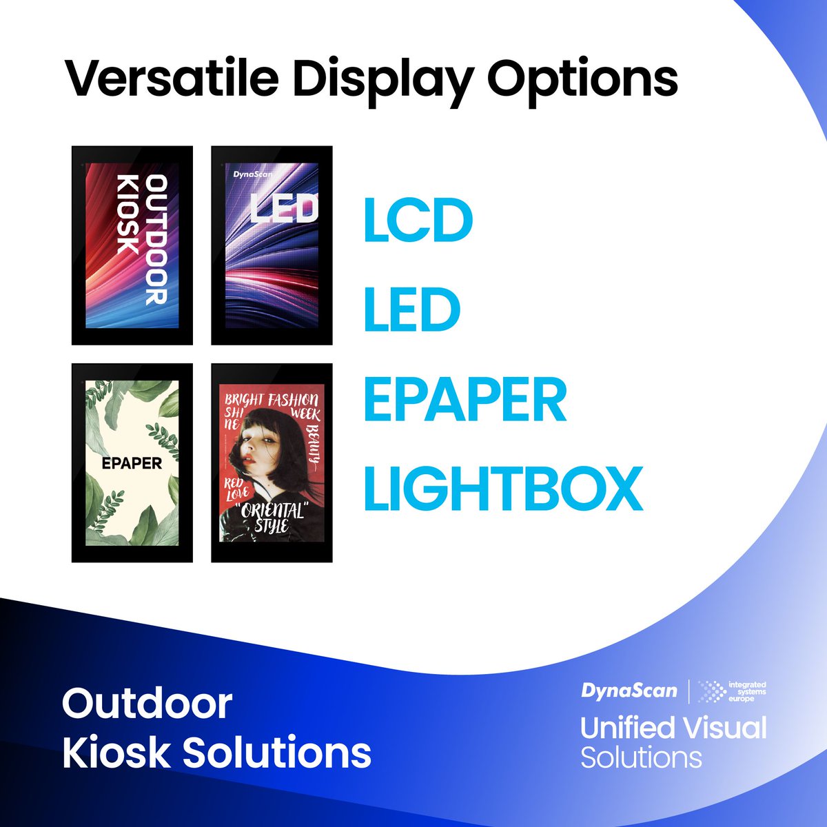 DynaScan outdoor kiosks support a wide range of display technologies within a unified form factor—giving you the flexibility to choose what works best for each location. From high-bright LCD and dvLED to lightbox posters, ePaper, &amp; LED tickers. More at: dynascan.net/3LxjtJh