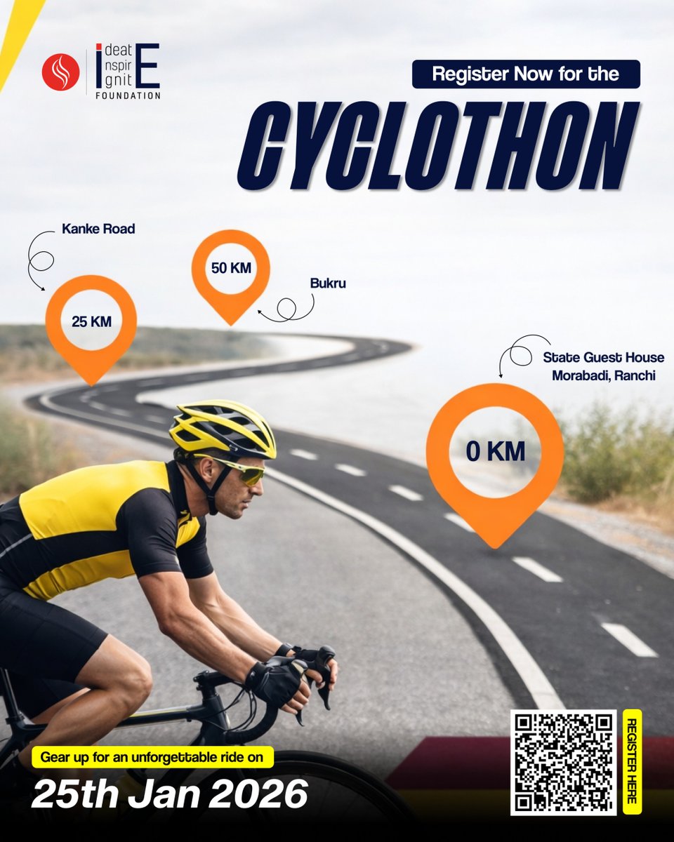 I3Foundation's tweet photo. Ranchi, wake up and ride! 🌅🚴

Cyclothon 2026 by i3 Foundation
🗓 25 Jan 2026 | ⏰ 5 AM
📍 Morabadi Start
🚴 25 KM | 50 KM
💳 Just ₹50

Ride for health. Ride for change.
Register now – link in comment!

#Cyclothon2026 #RanchiRides #RideForHealth https://t.co/JI8q43aZc0