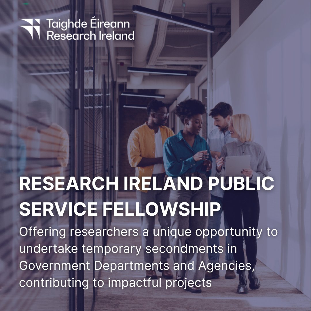 Researchirel's tweet image. Applications are now open for the Research Ireland Public Service Fellowship Programme, offering researchers at all career stages the unique opportunity to work on projects within Government Departments and Agencies. For further details visit: researchireland.ie/funding/public…