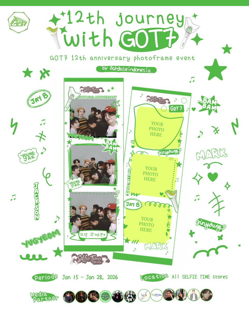 ahgalnd's tweet image. 🐥 12th Journey With GOT7 🐥
GOT7 Indonesia Photoframe Event
by @ahgaseindonesia_ /@ahgaseindo_

🗓️ 15 – 28 Januari 2026
📍 @selfietimeid (Outlet location on poster)

Share your moment with hashtag 💚
#12thJourneyWithGOT7 #StillWalkingWithGOT7 #GOT7 #IGOT7