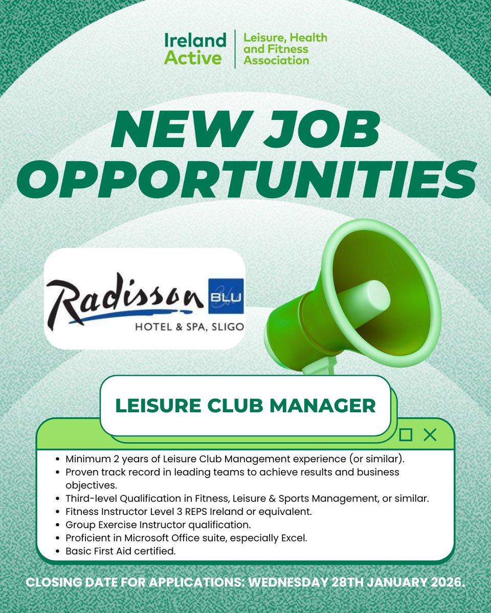 irelandactive's tweet image. Radisson Blu Hotel &amp;amp; Spa, Sligo is recruiting a Leisure Club Manager to lead and develop their leisure facilities.

Full job details:
irelandactive.ie/2026/01/13/rad…

#IrelandActive #RadissonBlu #LeisureManagement #HospitalityJobs #NowHiring