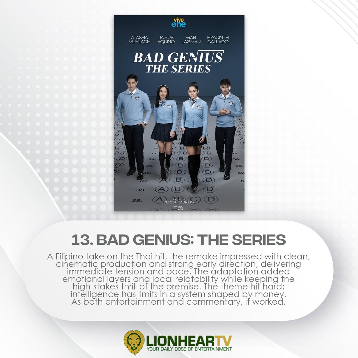 HyaGemsOFC's tweet image. Congratulations, Team Bad Genius: The Series! 🤓

Viva One's (@VivaOnePH) Philippine adaptation of the hit Thai series Bad Genius: The Series is one of LionHearTV's (@LionhearTVNet) 25 𝗕𝗲𝘀𝘁 𝗧𝗲𝗹𝗲𝘀𝗲𝗿𝘆𝗲𝘀 𝗼𝗳 𝟮𝟬𝟮𝟱 ranking at #13!

"The remake impressed with clean,…