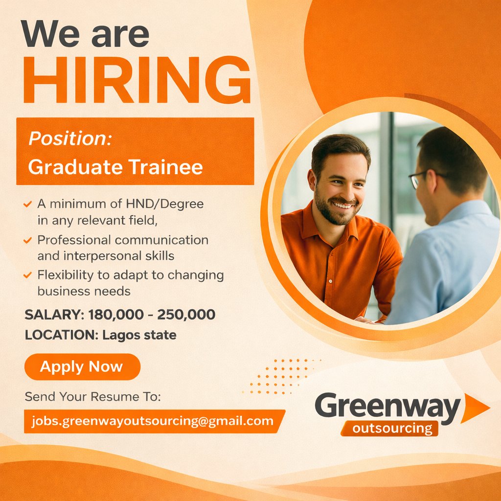 realAdeyemo's tweet image. JOB ALERT!!!

Hiring: Graduate Trainee

Salary: N180,000 - N250,000
Location: Lagos, Nigeria 

See flyer for More Details.
Send Application to jobs.greenwayoutsourcing@gmail.com
