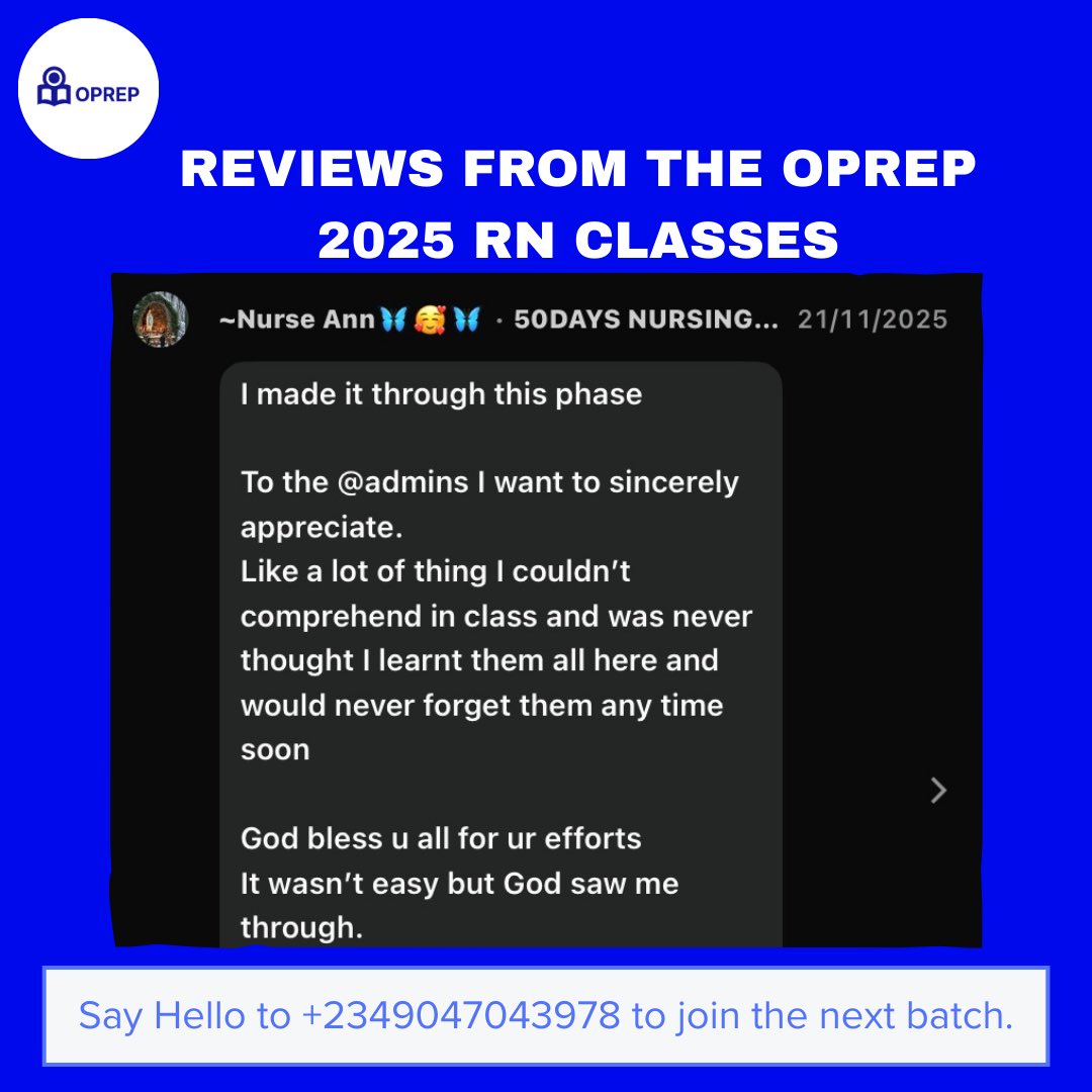 RTBolarinwa's tweet image. We finished the 1st cohort for @_OPrep RM candidates last week. The 2nd and final cohort begins in February. 

This is where to be if taking the RM exam this year. 

Get in: tinyurl.com/OPREP-2026-Cla…

Please, repost and tag upcoming midwives. 💡