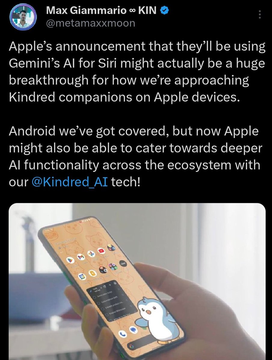 Apple opening the door to deeper AI inside Siri changes the surface area  for companion products. @Kindred_AI has always leaned on memory,  continuity, and presence across daily use. That depth already works
