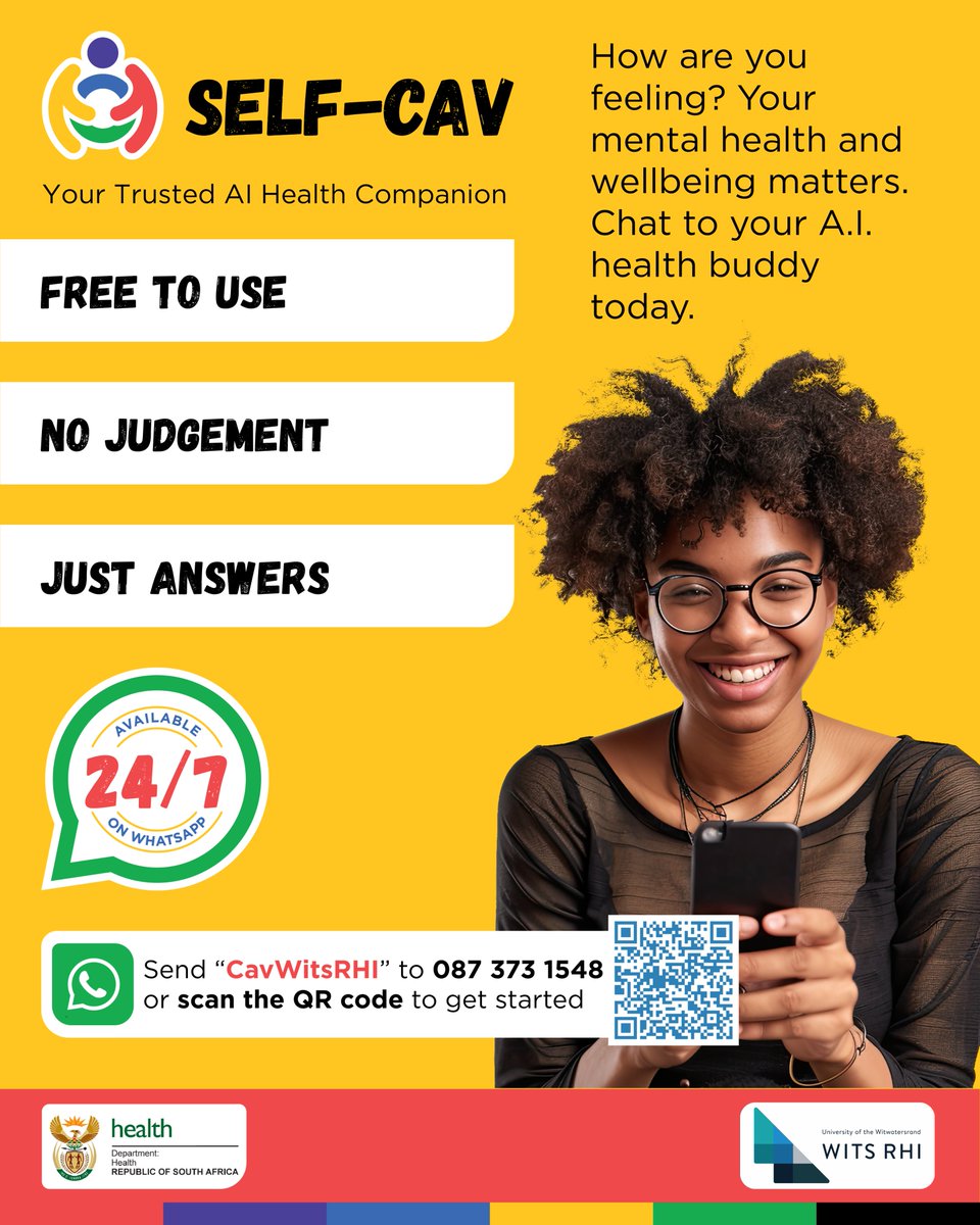 WitsRHI's tweet image. From prevention options to sensitive questions, Self-Cav offers compassionate, reliable support in a safe, private space. Text CavWitsRHI to 0873731548 to join. @AudereNow #SelfCav #WitsRHI #HealthSupport