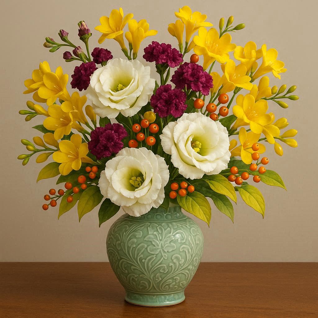 cosmos202403's tweet photo. 🟠🌟Flower Arrangement🌟🟠
🌿💛Eustoma & freesia💛🌿
🌼#AIbotanicaldecor
💐#AIflower🍒#AIberry🏺#AIvase https://t.co/hc2UiUFSrg