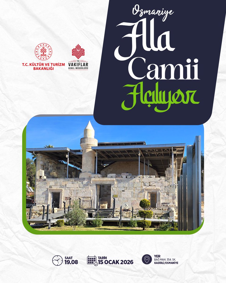 6 Şubat depremlerinde hasar alan Ala Camii, Genel Müdürlüğümüzce aslına uygun şekilde ihya edildi.

Mimari özellikleri korunarak ayağa kaldırılan cami, Miraç Kandili’nin manevî ikliminde kılınacak yatsı namazıyla birlikte yeniden ibadete açılacak.

📅 15 Ocak 2026 
⏰ 19.08
📍