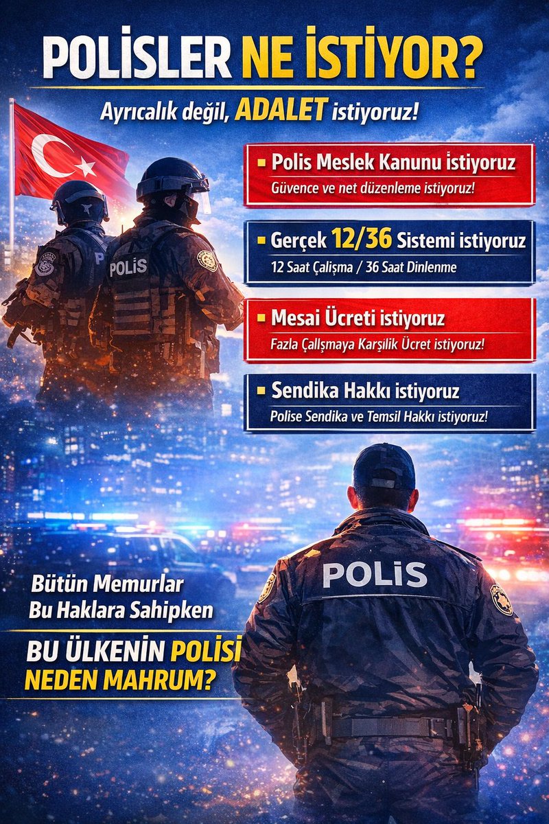 Polisler Ne İstiyor... 4 Haziran 2025 den beri  Polis Özlük Hakları ile alakalı düzenli bir şekilde yaptığımız Etkinliğe 15.01.2026 günü saat 19.00 da yapacağımız Etkinlikle Devam  ediyoruz. Türkiye Gündemine Hızlı bir şekilde girebilmek için lütfen Duyuralım #PolisOlmak