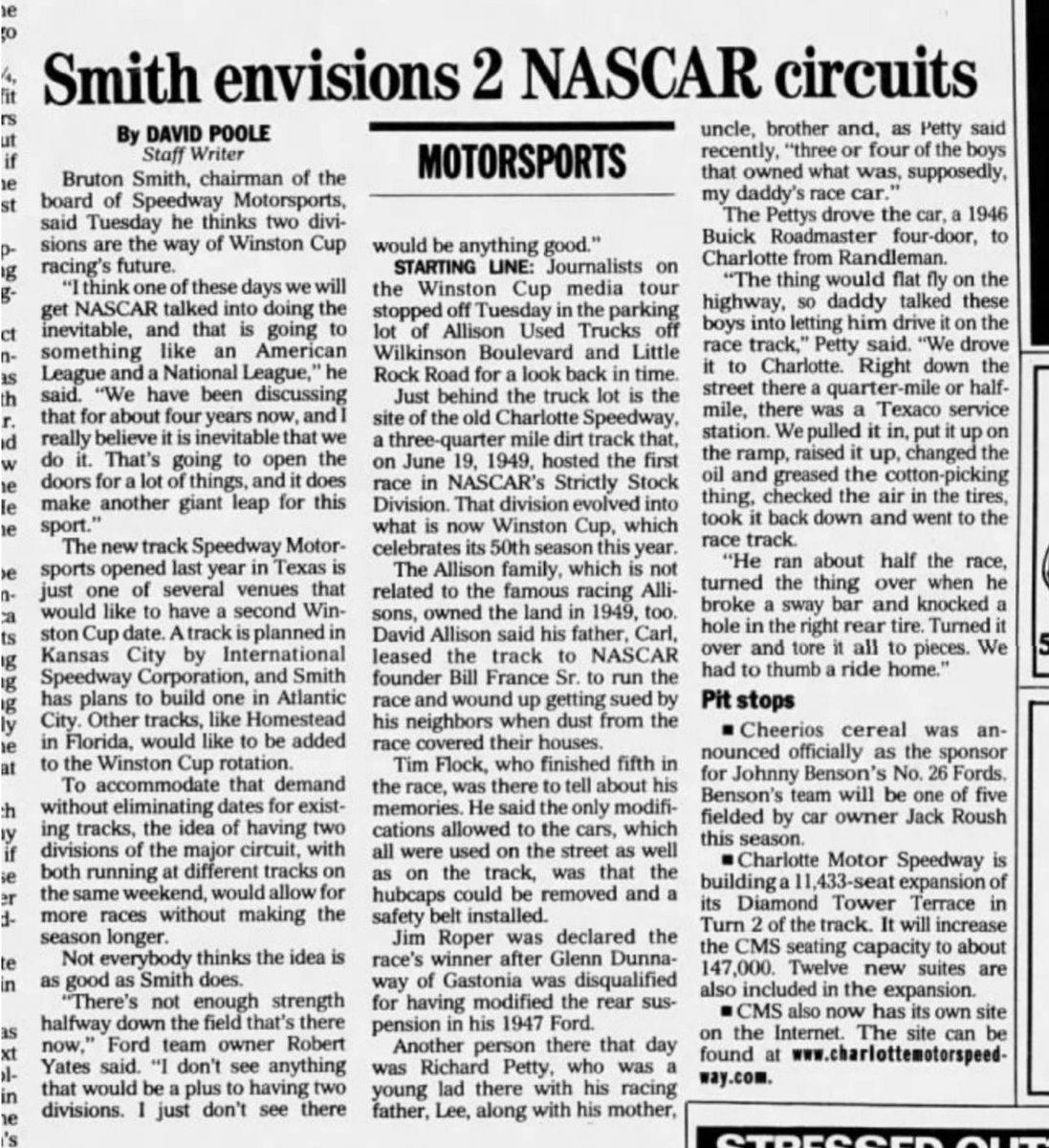 nascarman_rr's tweet image. Jan 14, 1998: Bruton Smith suggested NASCAR could create two divisions, like MLB, to add more tracks, with simultaneous East Coast races at noon and West Coast races at 3 p.m. They would come together for big races

When polled in Feb 98, 83% of fans thought this was a bad idea