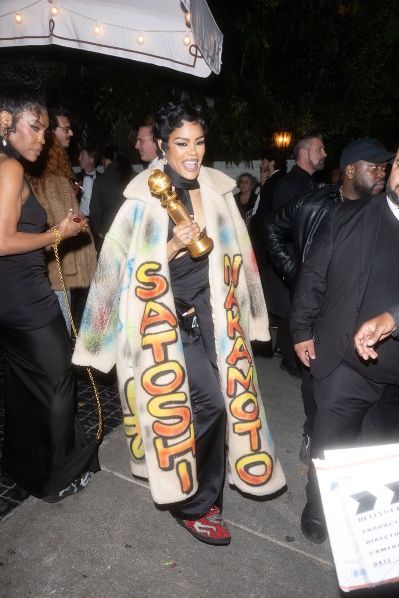 DocumentingBTC's tweet image. Golden Globes best supporting actress winner, Teyana Taylor attended the after party wearing coat with the inventor of Bitcoin’s name ‘Satoshi Nakamoto’ on it