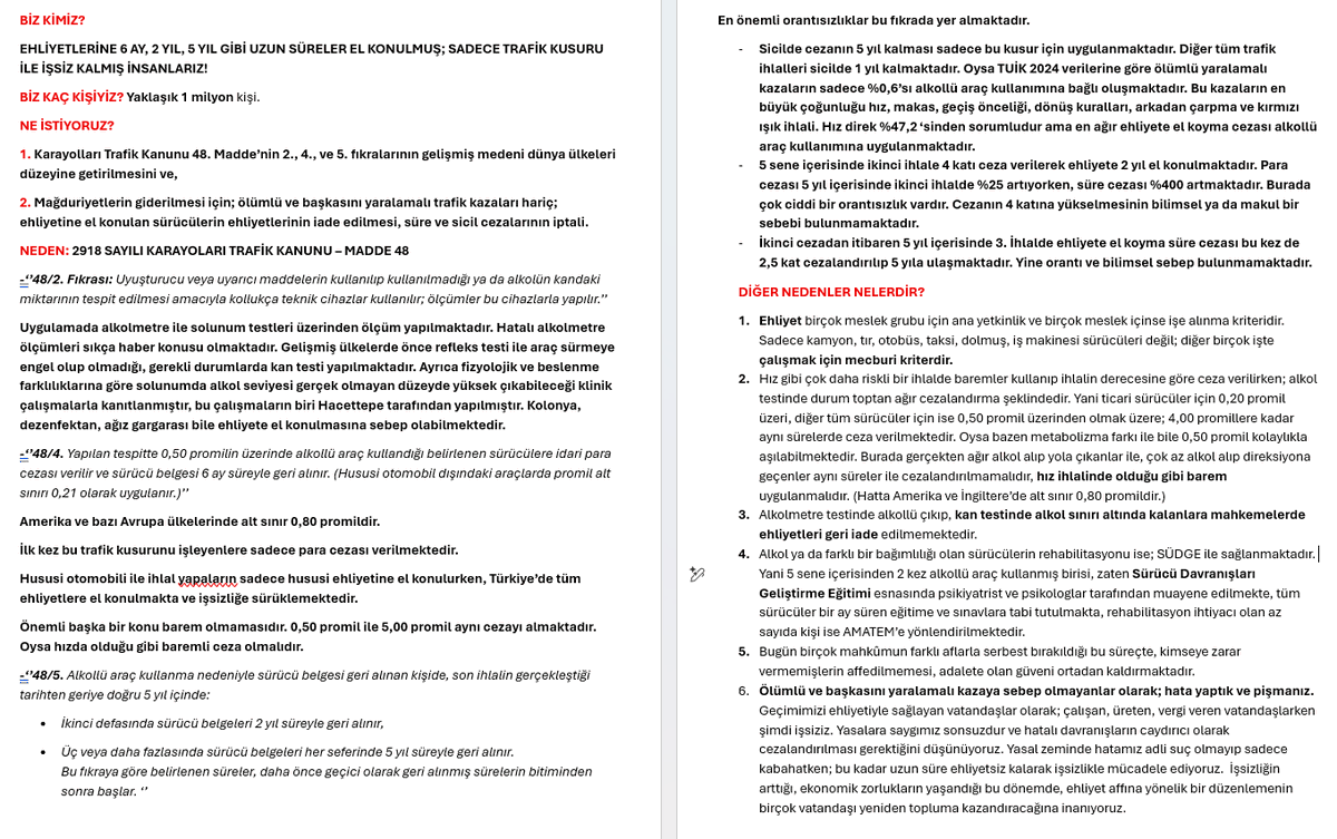 BİZ KİMİZ❓
EHLİYETLERİNE 6 AY, 2 YIL, 5 YIL GİBİ UZUN SÜRELER EL KONULMUŞ; SADECE TRAFİK KUSURU İLE İŞSİZ KALMIŞ İNSANLARIZ!

BİZ KAÇ KİŞİYİZ❓ Yaklaşık 1 milyon kişi.

NE İSTİYORUZ❓
1. Karayolları Trafik Kanunu 48. Madde’nin 2., 4., ve 5. fıkralarının gelişmiş medeni dünya