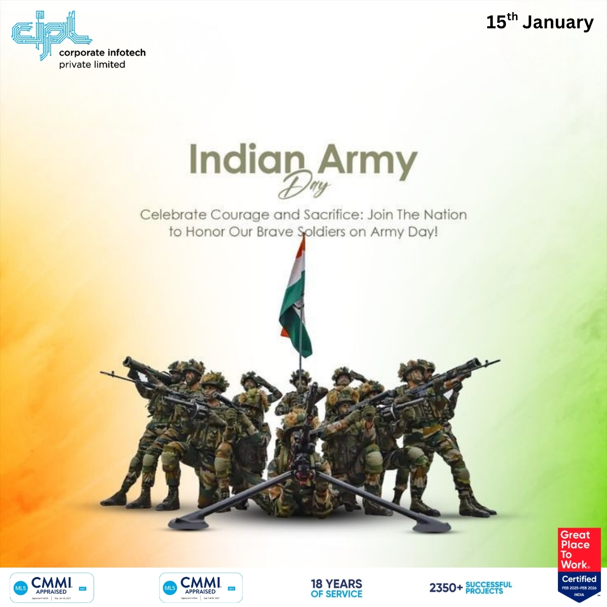 Saluting the spirit that protects our nation.
On Indian Army Day, #CIPL honors the unmatched courage, discipline, and sacrifice of our soldiers who stand strong so India can move forward.
Jai Hind!
#IndianArmyDay #ArmyDay2026 #SaluteToSoldiers #IndianArmy #JaiHind #proudofourarmy