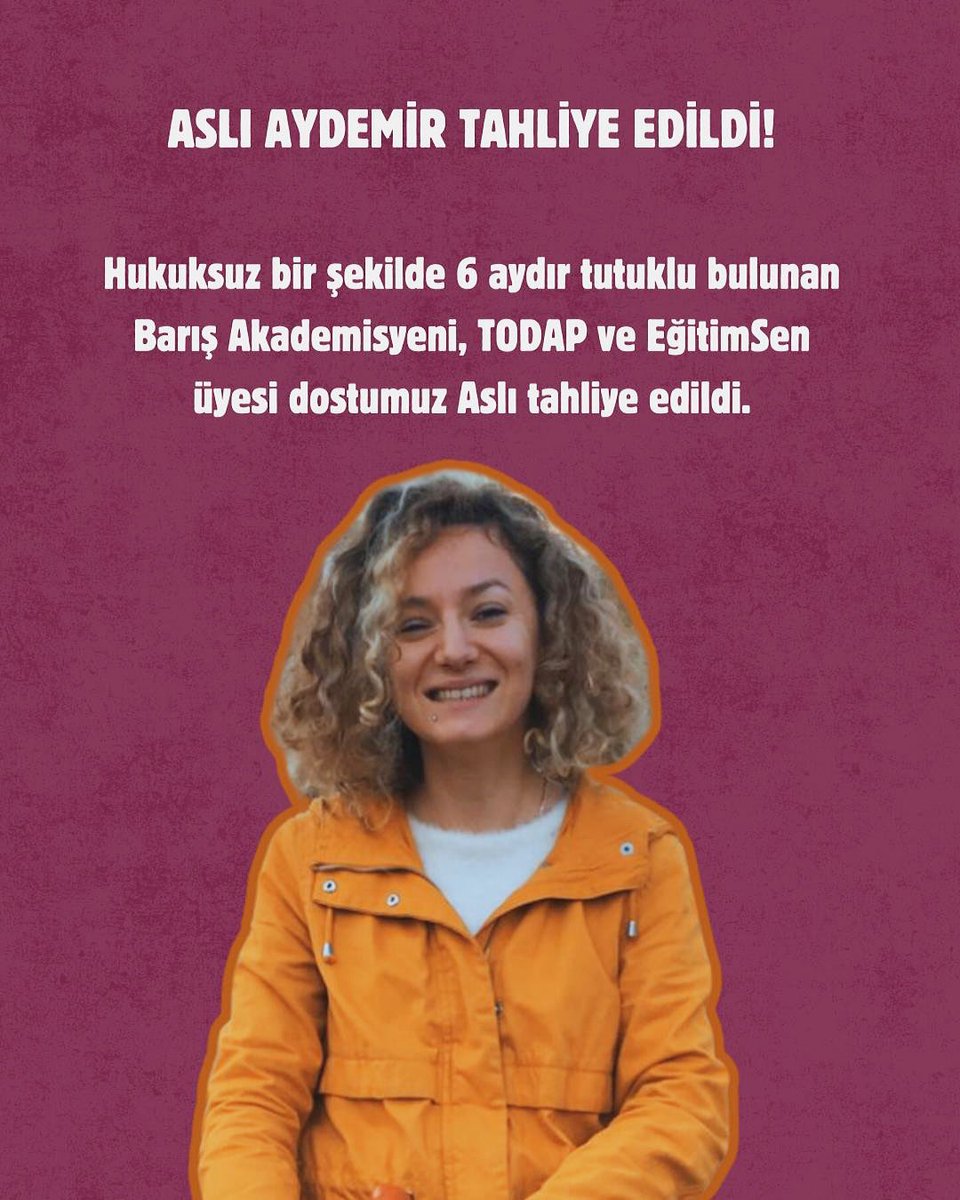 🕊️Aslı tahliye🕊️ 

Hiç gözaltına alınmamalı, hiç tutuklanmamalıydı. 

#AslıAydemireÖzgürlük, çok geç de olsa.