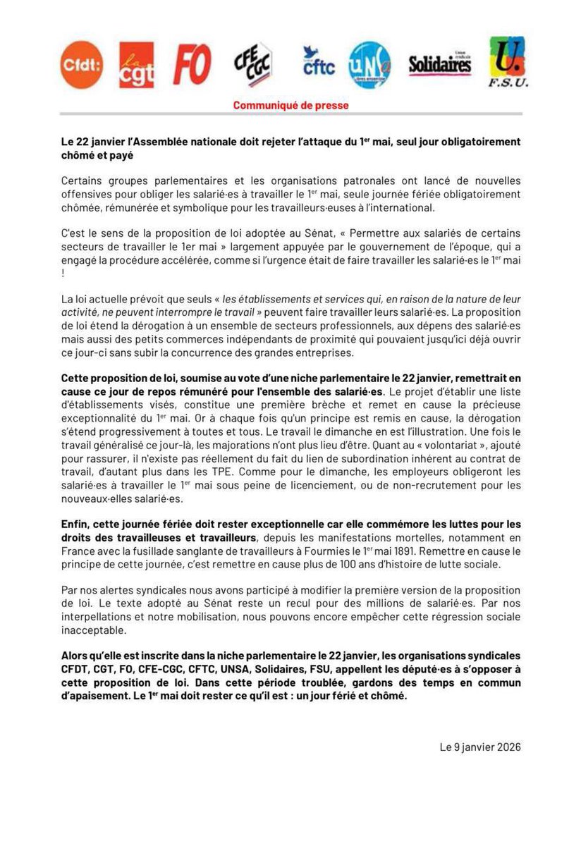 BinetSophie's tweet image. Hier la commission des affaires sociales a validé l’attaque contre le 1er mai !

Sous prétexte d’acheter son pain, ils veulent élargir le travail sur la seule journée fériée et chômée ! 

Le 22 janvier, les organisations syndicales appellent les député•es à rejeter ce texte !