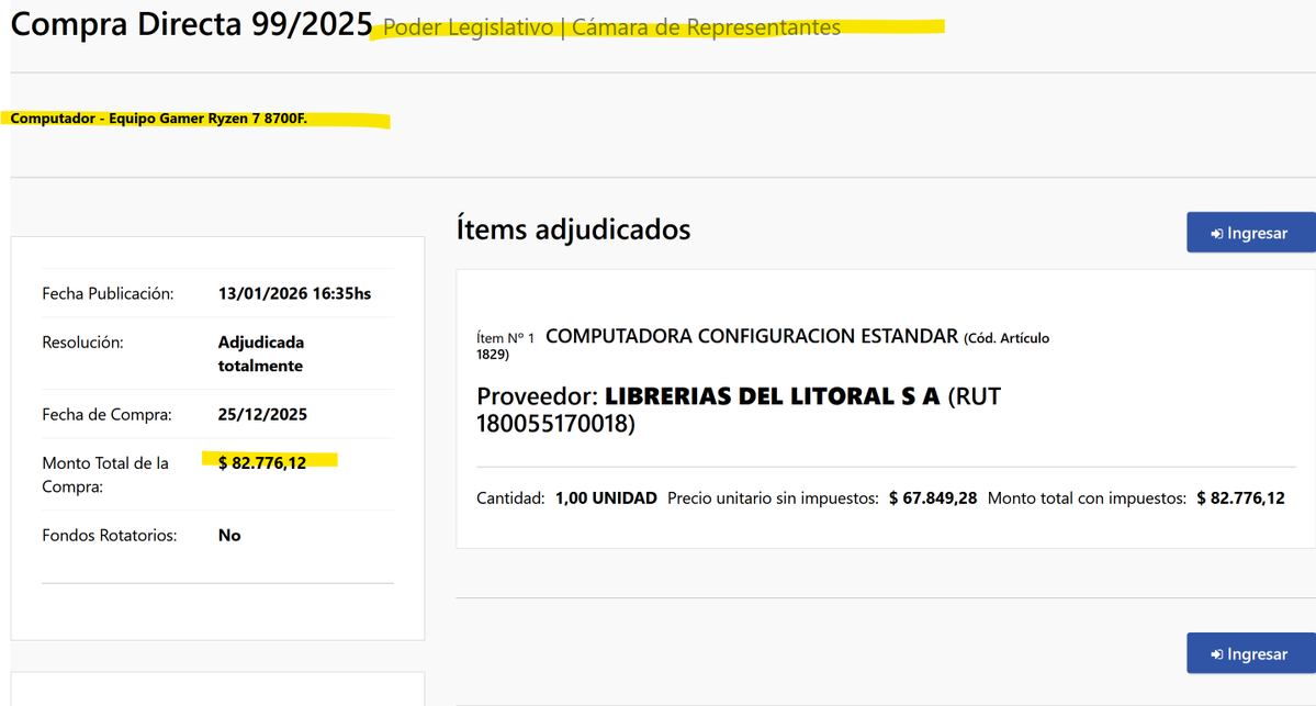 PC GAMER RYZEN 7, un PC especializado para videojuegos con todos los chiches, como la comprada por el Parlamento. En Mercado libre está menos de $ 37.000. Como llega el Parlamento a pagar por ese equipo $ 82.000? Alguien puede explicarlo? Y para qué se va a usar?