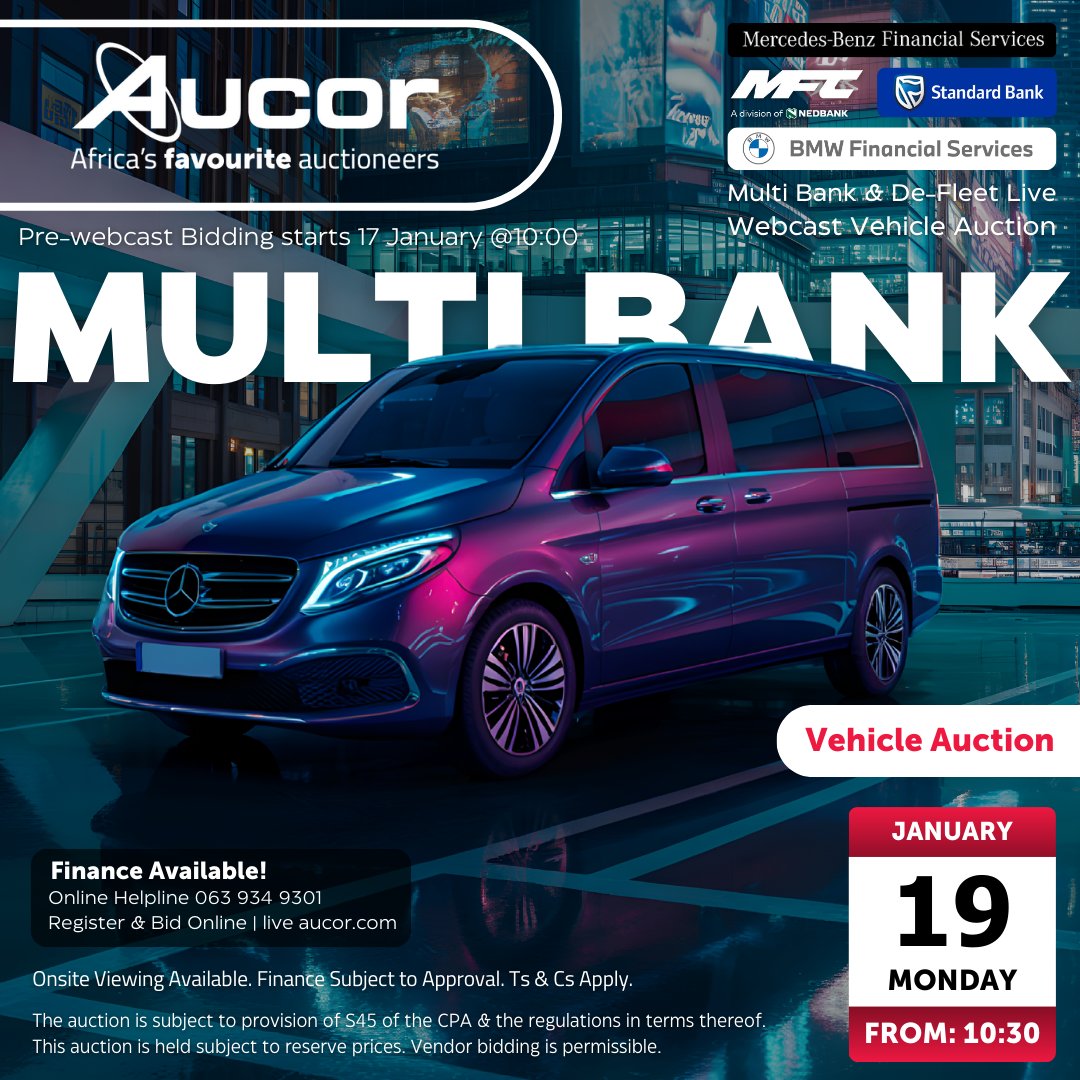 Drive your dream car! Join Aucor for a Bank Repo &amp; De-Fleet Live Webcast Vehicle Auction. Bid on Mon 19 January 2026 at 10:00. Click below to view our catalogue. T&amp;Cs Apply. bit.ly/4q8cQw4
