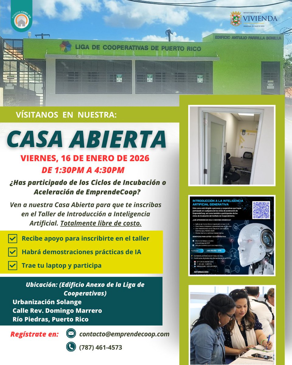 🎯 VIERNES 16 DE ENERO Descubre el poder de la IA en nuestra Casa Abierta GRATUITA 1:30 - 4:30 PM 📷 Trae tu laptop 📷 EmprendeCoop✅-pp5qcn r-h9hxbl"> 787-461-4573 Si has participado de los ciclos de EmprendeCoop regístrate hoy.📍📞