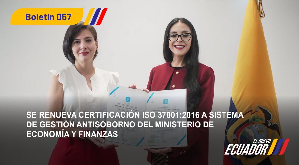 FinanzasEc's tweet photo. #BoletínDePrensa | 📎El Ministerio de Economía y Finanzas renovó la certificación internacional ISO 37001:2016 de su Sistema de Gestión Antisoborno.

Aquí los detalles 👉 https://t.co/b7A8qlXnHf https://t.co/3pvml9AAqz